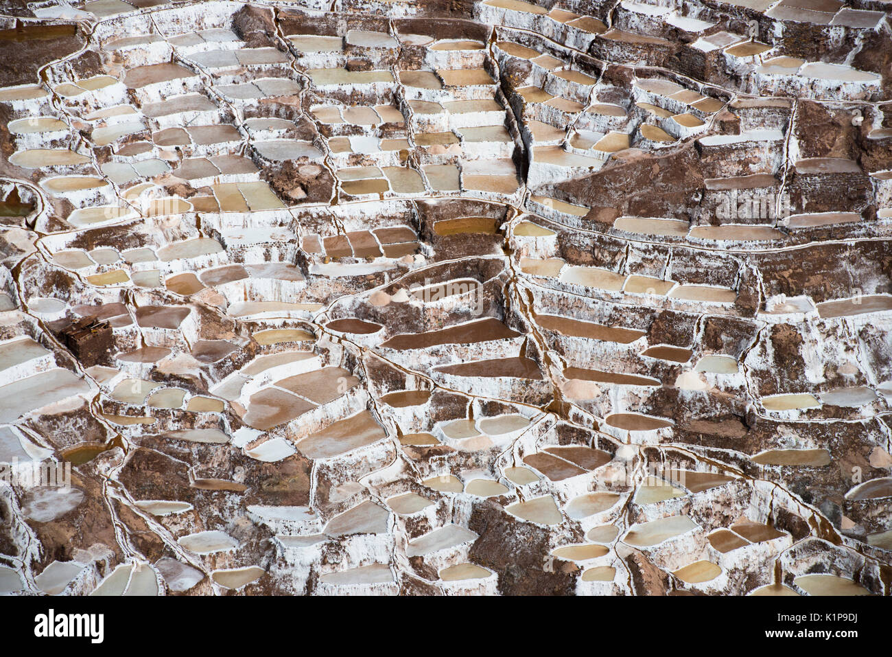 Salinas de Maras, Pérou l'évaporation de la mine de sel piscines et coopérative locale Banque D'Images