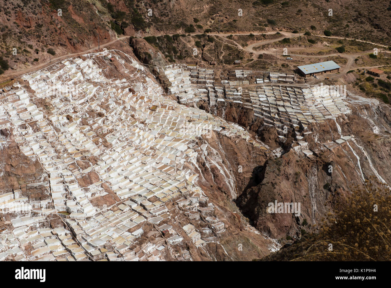 Les travailleurs des mines de sel de Maras la récolte, Pérou Banque D'Images