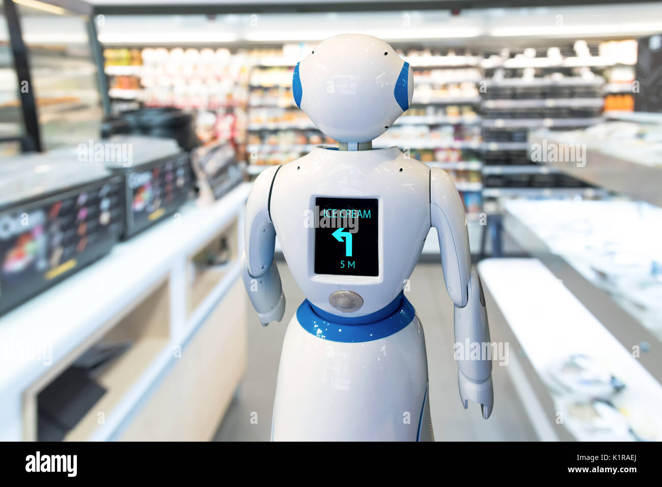 Détail Smart , robot assistant service , conseiller en technologie de navigation robo department store. Robot de marche conduisent à la clientèle guide de recherche. Banque D'Images