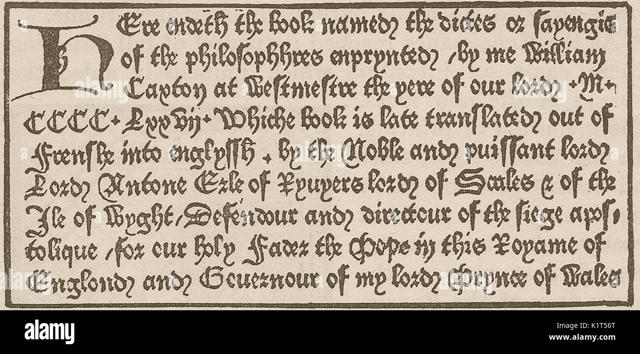 Impression - William Caxton - une réplique d'une partie du premier livre à être imprimé en anglais 'Le sayengis ou dicts des philosophes', également la première à porter une date et lieu de publication (1477) Banque D'Images