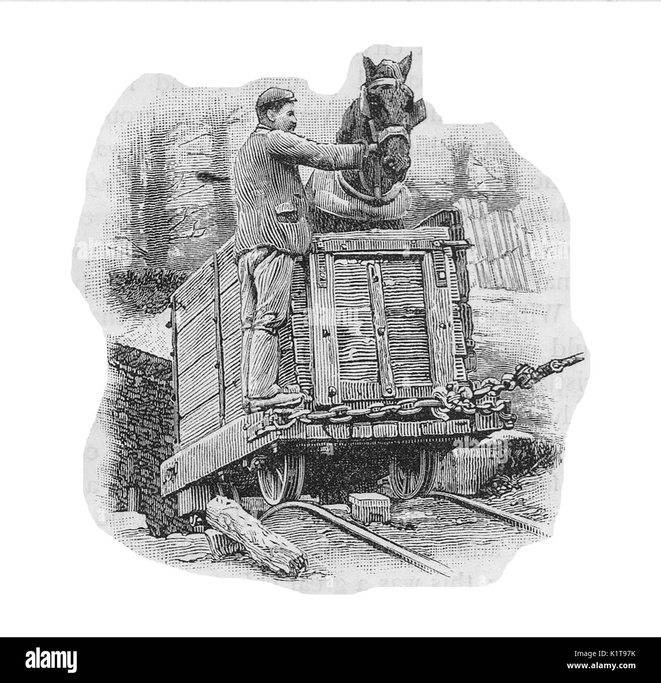 1900 - un mineur de charbon britannique et son pit pony qui part d'une mine dans un camion de charbon Banque D'Images