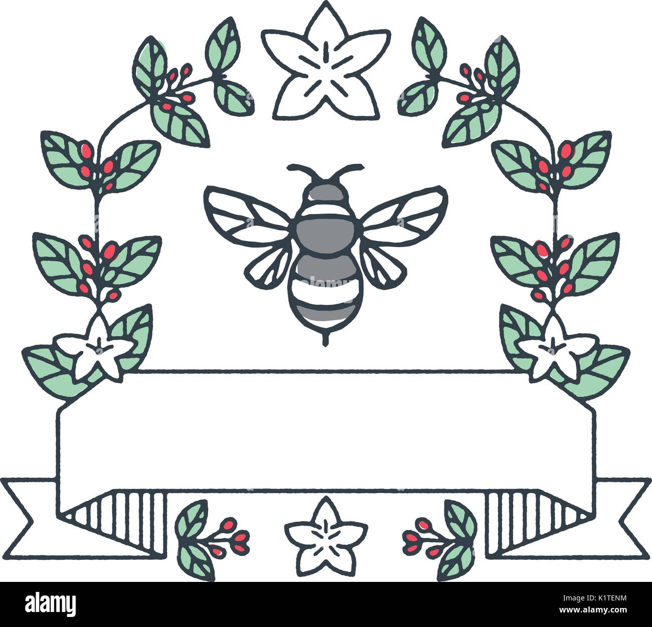 Illustration de style ligne mono ou un bourdon bourdon, un membre du genre Bombus, partie d'Apidae entouré de feuilles et les cerises de café flo Illustration de Vecteur