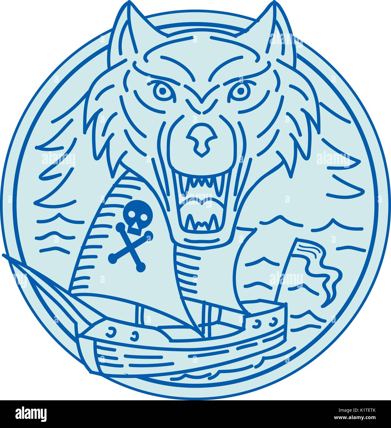Style ligne mono illustration d'un navire pirate et seawolf vue de l'avant ensemble à l'intérieur du cercle. Illustration de Vecteur