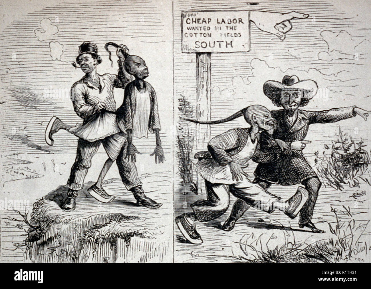 Que ferons-nous de John Chinaman ? [2 illustrations : 1. Irlandais de jeter un homme chinois sur falaise vers la Chine ; 2. Propriétaire de plantation du sud le menant à des champs de coton - caricature raciste, USA, 1869 Banque D'Images