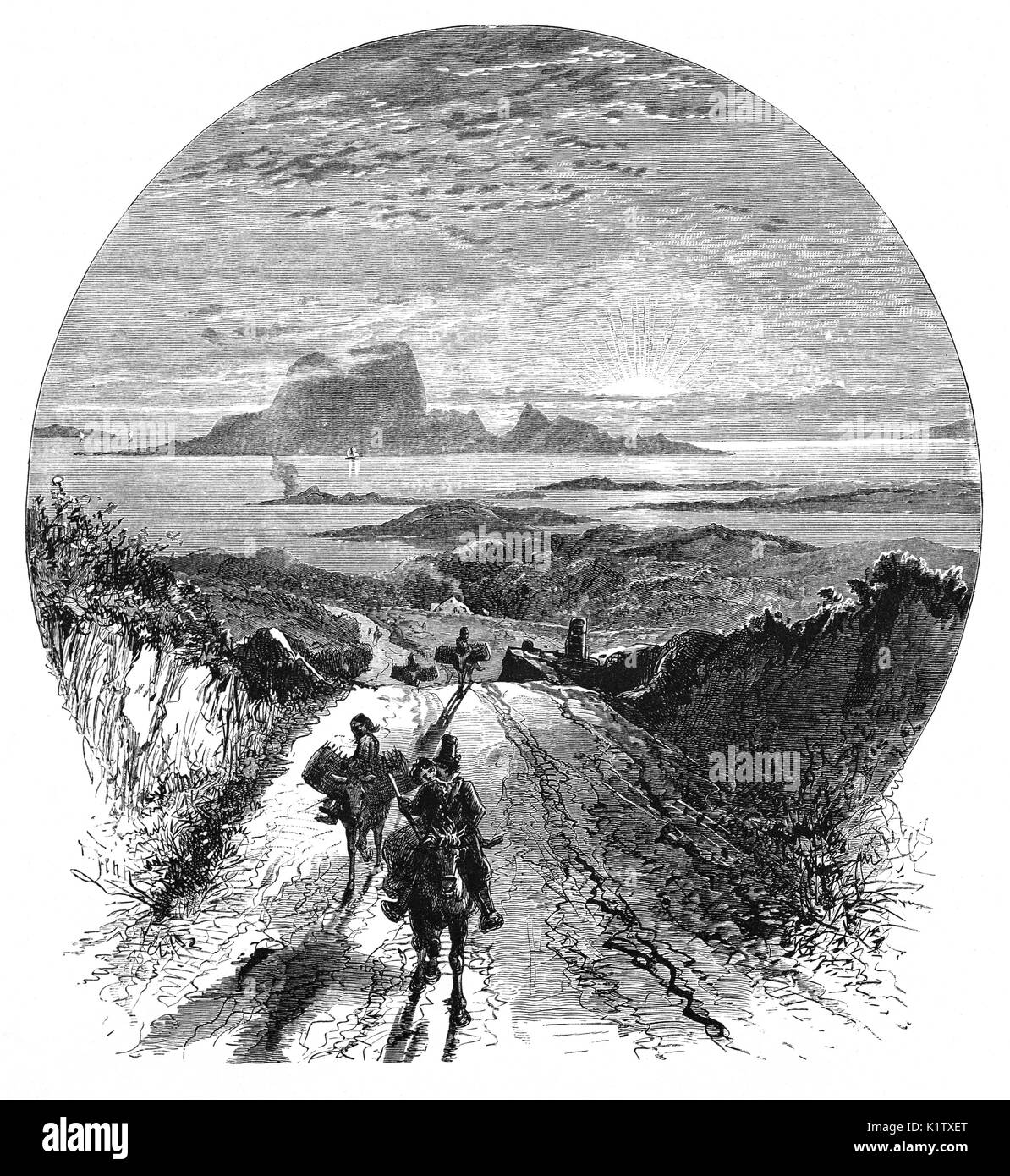 1870 : la tourbe (tourbe) par âne avec l'île de Clare et Clew Bay à l'arrière-plan, dans le comté de Mayo, Irlande Banque D'Images