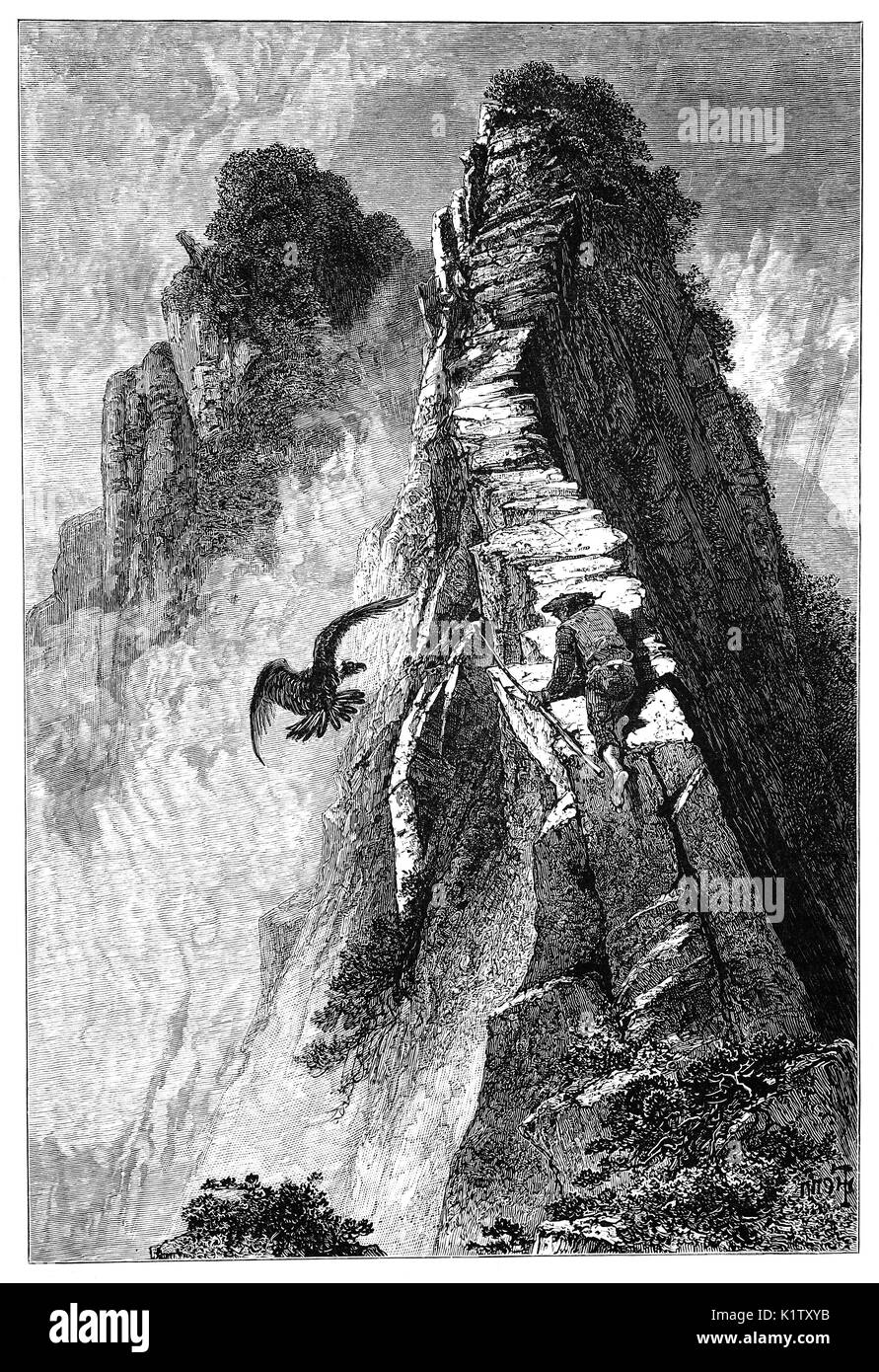 1870 : Un marcheur sur le chemin étroit connu comme 'une personne par la voie qui mène au sommet de Slieve League, comté de Donegal, Irlande Banque D'Images