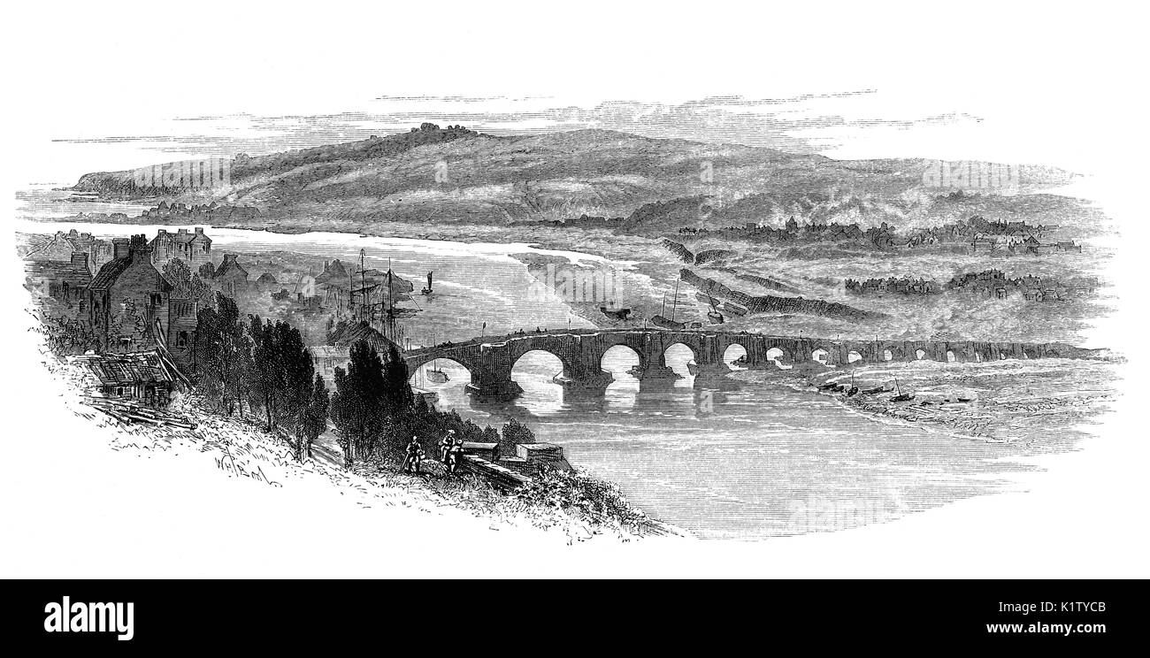 1870 : Great Bridge, également connu sous le nom de l'ancien pont, enjambe la rivière Tweed à Berwick-upon-Tweed, Northumberland, Angleterre. La structure actuelle est une pont de pierre construit entre 1611 et 1624. Banque D'Images