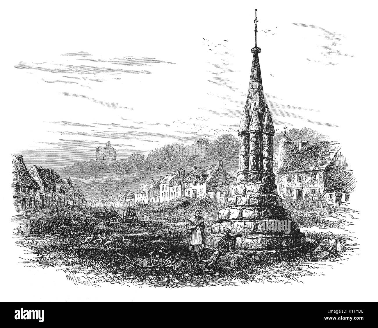 1870 : Les sections locales par le marché médiéval croix à Norham, juste au sud de la rivière Tweed et la frontière avec l'Ecosse, Northumberland, England Banque D'Images