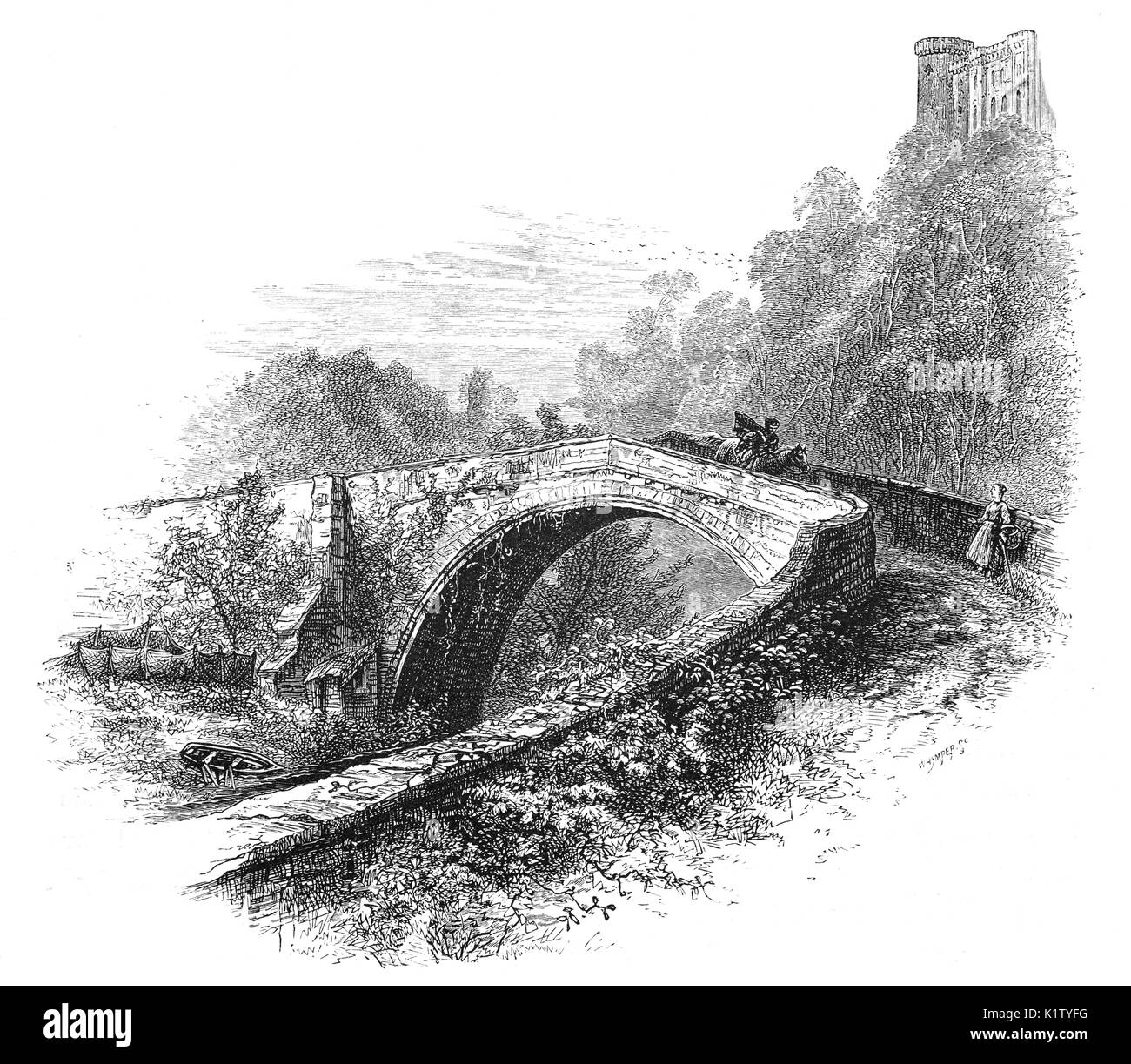 1870 : un cavalier traversant le pont médiéval construit en 1511 Twizell, deux ans avant la bataille de Flodden, fourni la seule traversée de la rivière à sec jusqu'à ce qu'entre le tweed et etal. Au-dessus des ruines de château Twizell, aka Twizel, Tillmouth Park, Northumberland, dans le nord de l'Angleterre. Banque D'Images