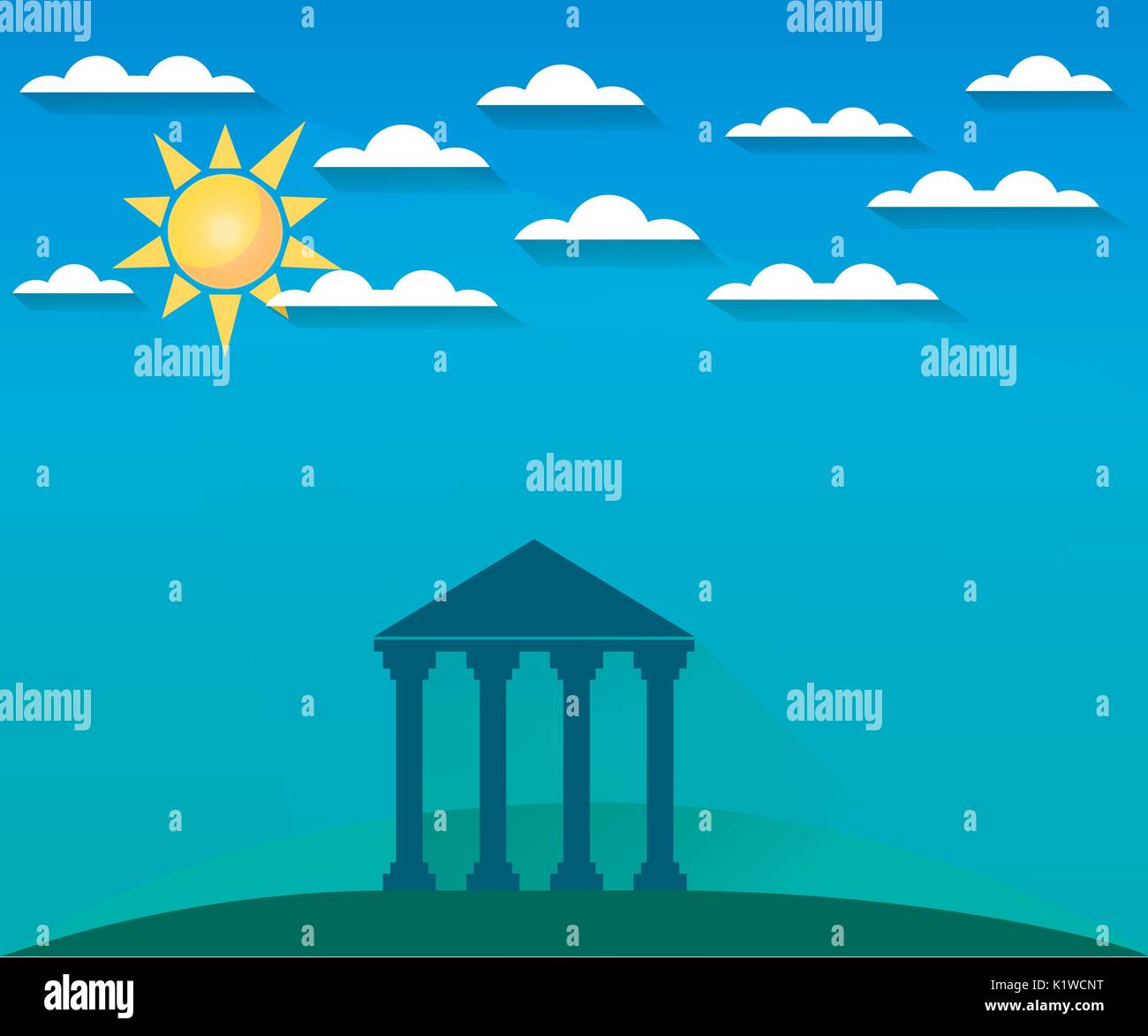 L'architecture grecque et romaine. Le monument d'architecture avec des colonnes dans un paysage avec des nuages et du soleil. La vue. Vector illustration. Illustration de Vecteur