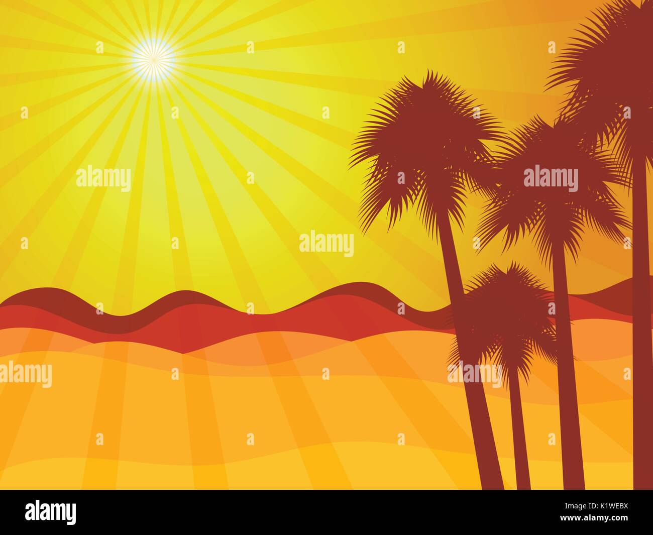 Lever du soleil dans le désert avec des palmiers. Paysage désertique. Vector illustration. Illustration de Vecteur
