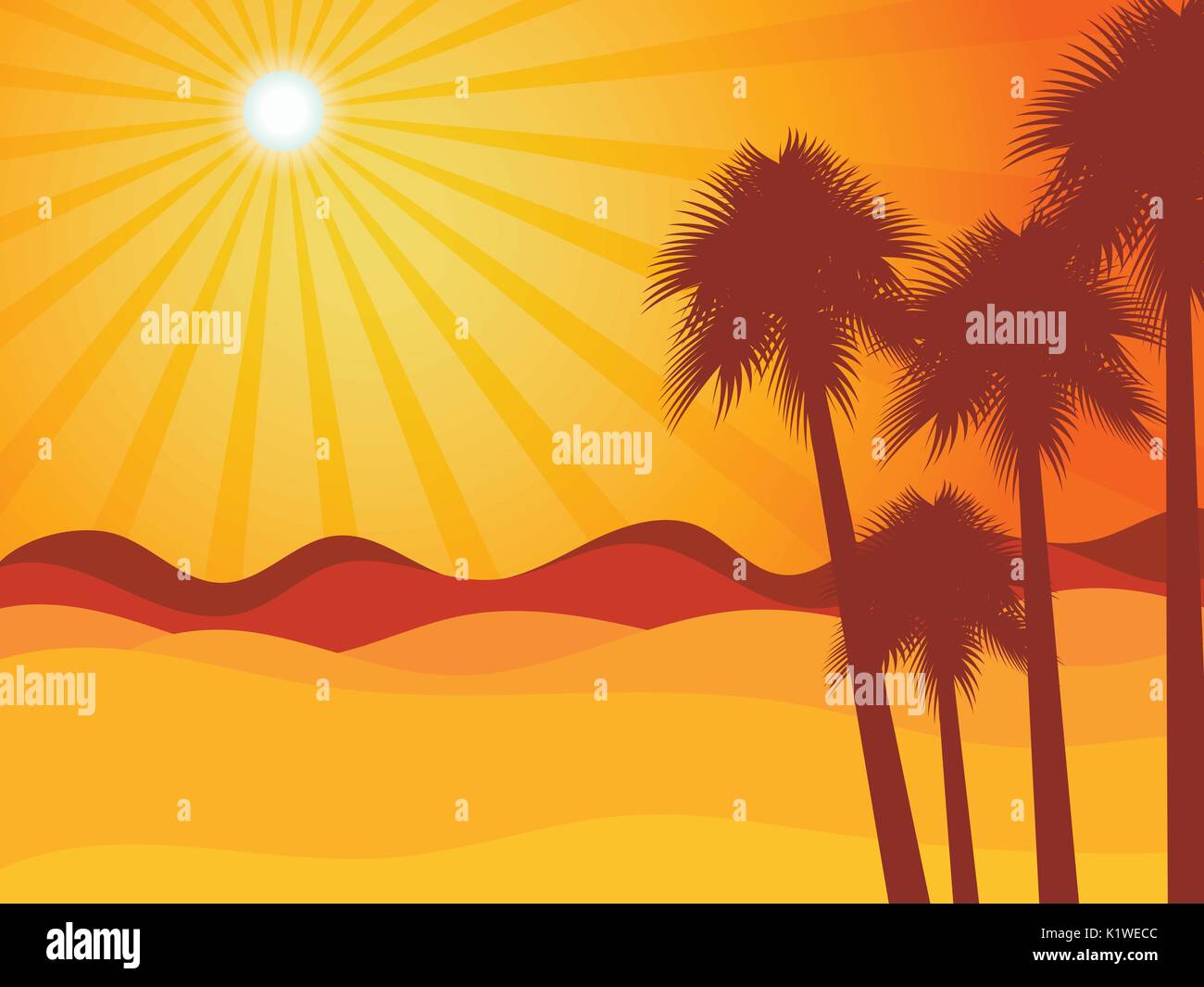 Coucher du soleil dans le désert avec des palmiers. Paysage désertique. Vector illustration. Illustration de Vecteur