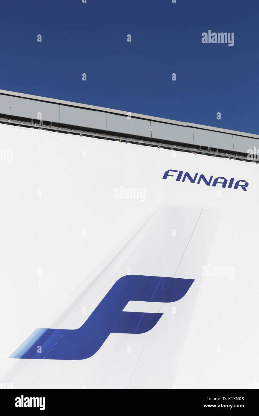 Billund, Danemark - 1 août 2017 : Finnair annonce sur un mur. Finnair est la compagnie de pavillon et plus grande compagnie aérienne de Finlande Banque D'Images