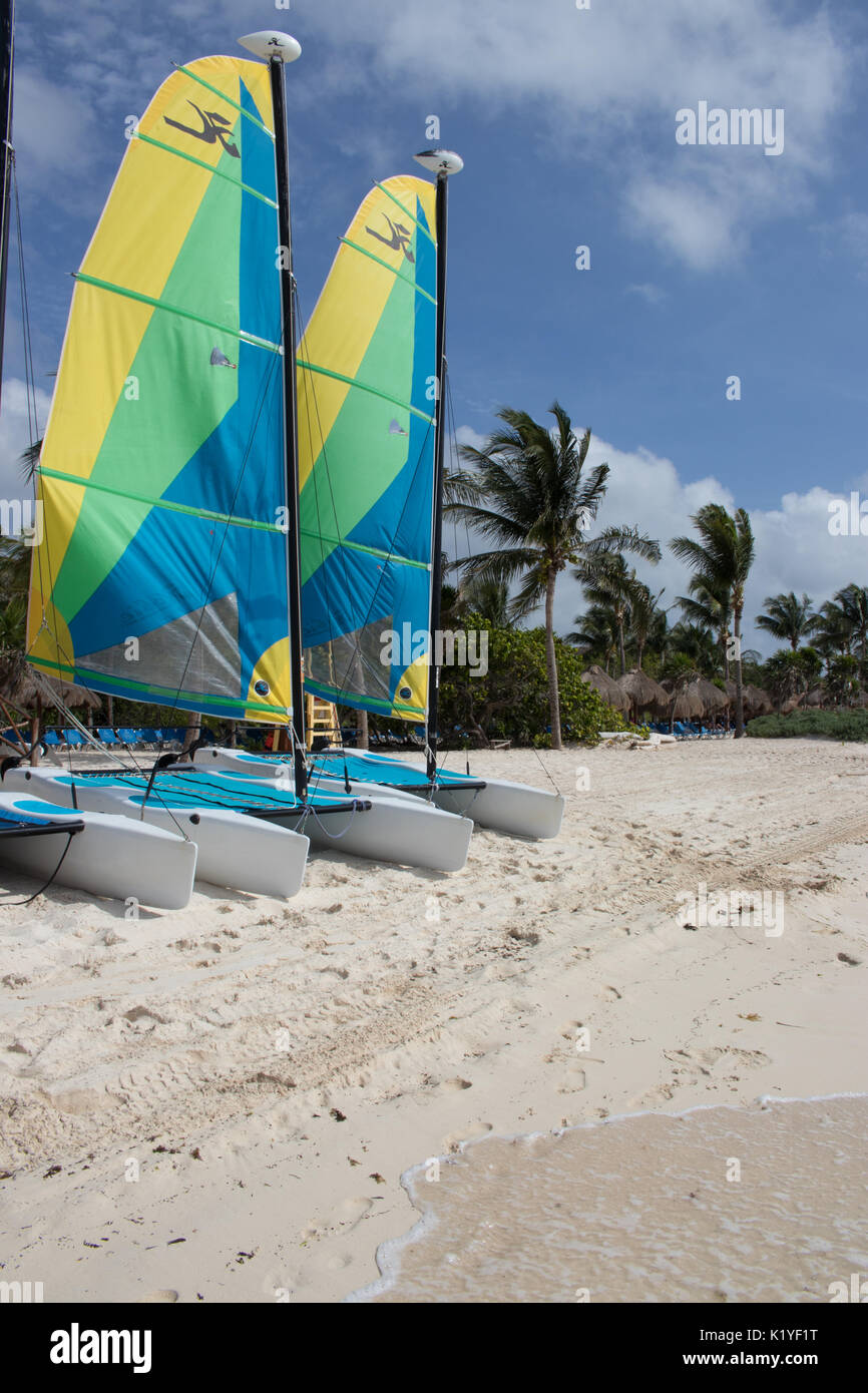 Rangée de bateaux à voile avec des voiles d'une plage de sable blanc des  Caraïbes et de palmiers visible avec le bord d'une vague d'avant la masse  Photo Stock - Alamy