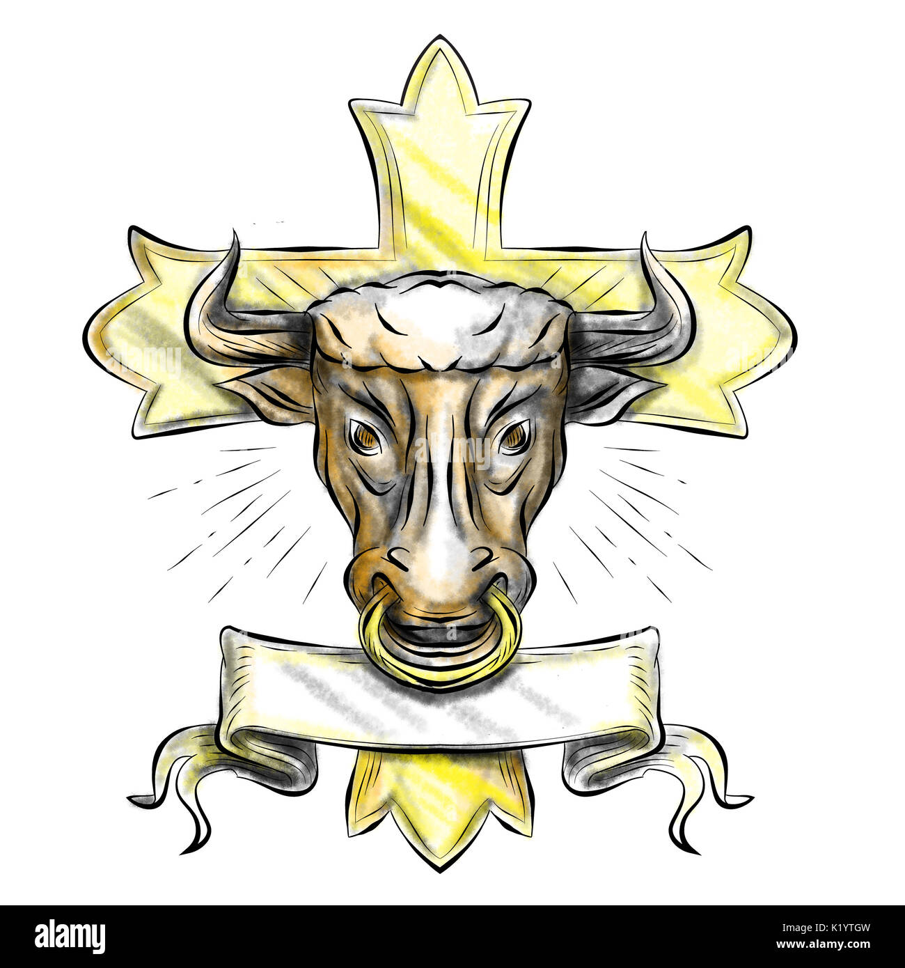 Illustration d'un taureau taureau taureau tête avec anneau dans le nez, faites défiler et croix chrétienne en arrière-plan fait dans le style de tatouage. Banque D'Images