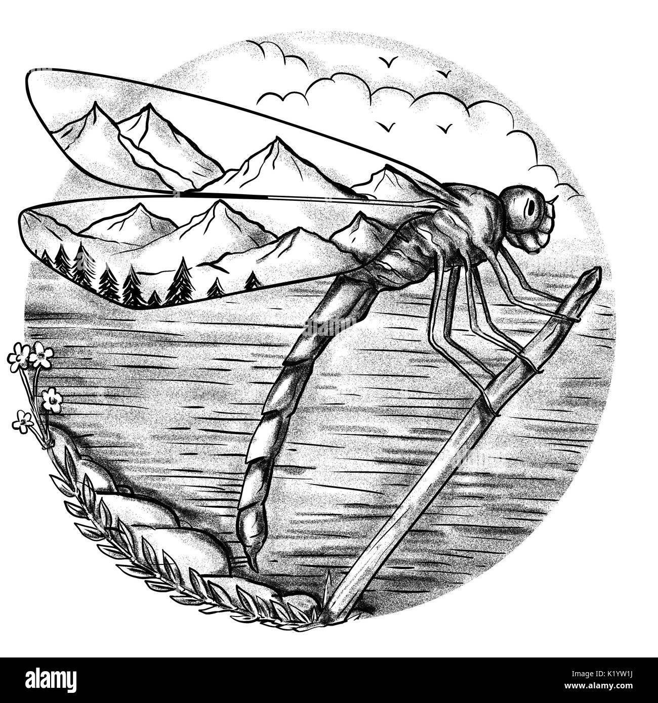 Illustration style de tatouage d'une Libellule avec scène de montagne à l'intérieur ailes avec l'océan en arrière-plan le lac fait main dans le style de dessin de tatouage croquis Banque D'Images