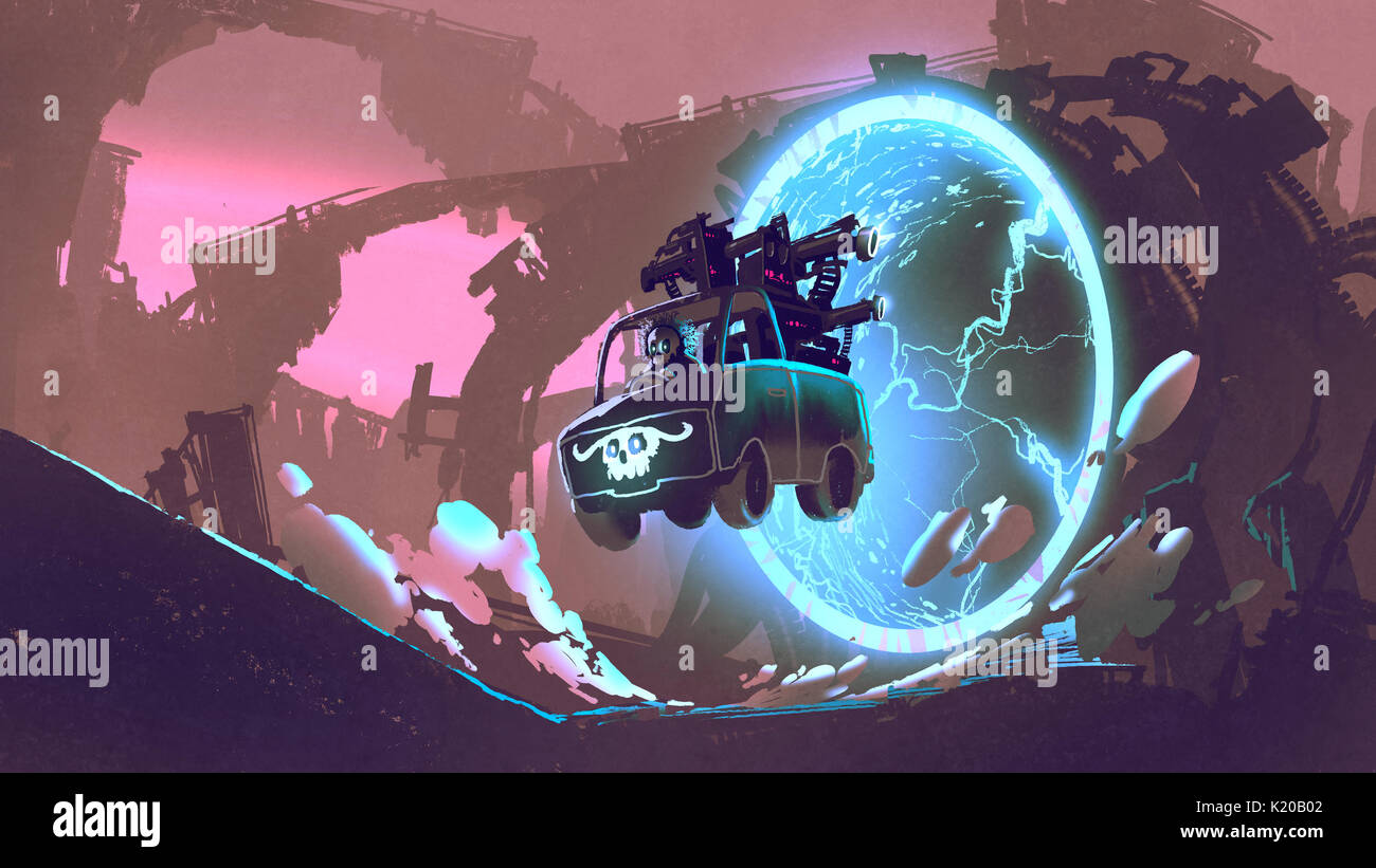 Concept de science-fiction de l'arme par chariot tunnel futuriste, art numérique, peinture style illustration Banque D'Images