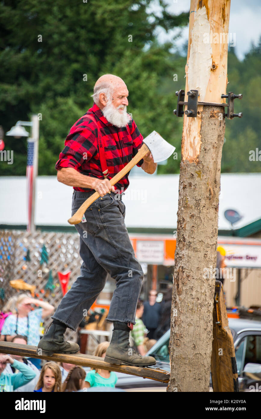 Homme avec Ax sur tremplin pour abattre tronc de l'arbre de démonstration des compétences bûcheron Evergreen State Fair Monroe Washington Banque D'Images