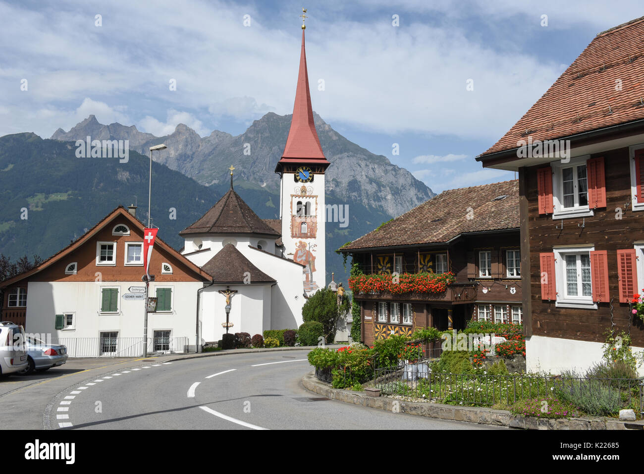 Burglen, Suisse - 3 août 2017 : le village de Burglen sur canton Uri dans les Alpes Suisses Banque D'Images