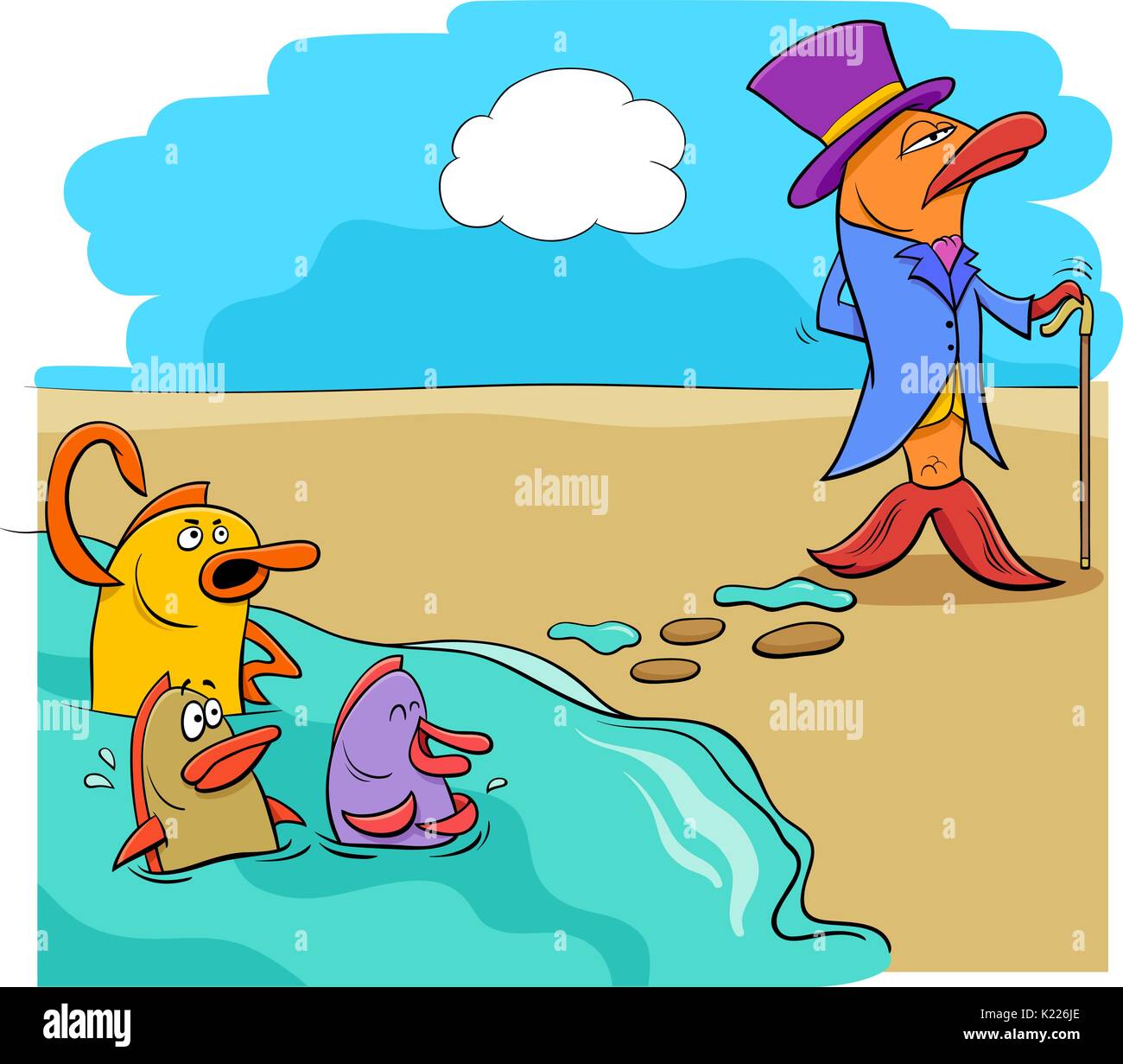 Concept d'Humour Cartoon Illustration de poisson hors de l'eau ou d'un proverbe disant Illustration de Vecteur