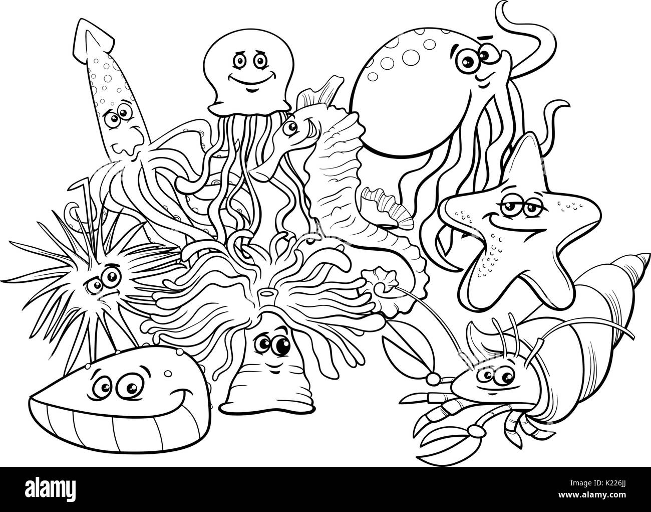 Dessin animé en noir et blanc Illustrations de Sea Life Groupe Caractères Animal Coloring Book Illustration de Vecteur