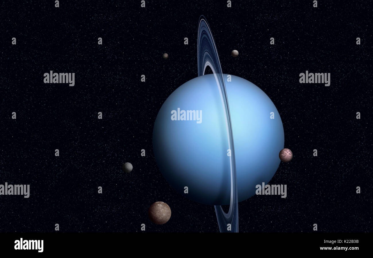 Uranus possède au moins 27 satellites : 5 extra-lunes, 11 petites lunes internes, qui ont été découverts par la sonde Voyager 2 en 1986, et 11 lunes récemment découvert depuis 1997. Banque D'Images