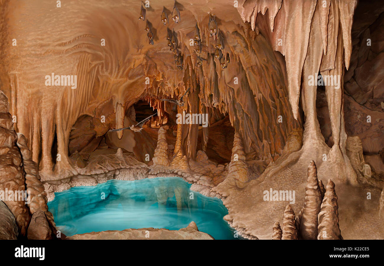 Les cavernes sont des cavités souterraines qui ont été sculptés par les forces naturelles comme l'eau, la pluie, ou des vagues. On les trouve dans de nombreux endroits différents : dans les falaises qui s'avancent dans la mer, à l'intérieur de glaciers, et même dans la lave durcie qui couvre les pentes des volcans. Les plus grands réseaux de grottes sont habituellement trouvés dans les formations calcaires. Ces grottes ont souvent de longues galeries horizontales, ou des passages, avec des ruisseaux et des rivières et des puits profonds ou des gouffres. Les grottes ne sont pas seulement des formations géologiques intéressantes. Ils offrent également un abri pour de nombreux types d'animaux, y compris les chauves-souris. Banque D'Images