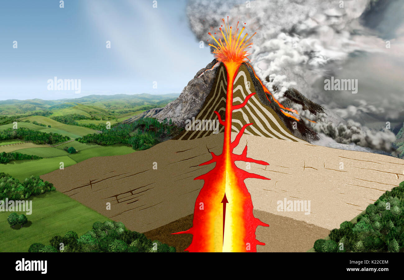 La source d'un volcan qui se trouve profondément à l'intérieur de la Terre, où la température est assez chaude pour faire fondre la roche. Cette roche fondue est appelée magma. Petites et légères, qu'elle se détache du manteau et est stocké dans la chambre magmatique. Au fil du temps, le magma qui s'est accumulée dans la chambre coupe un chemin à travers la croûte. L'éruption volcanique se produit lorsque le magma s'échappe du cratère. À ce stade, la lave et le magma devient.fonctionne sur les flancs du volcan. Banque D'Images