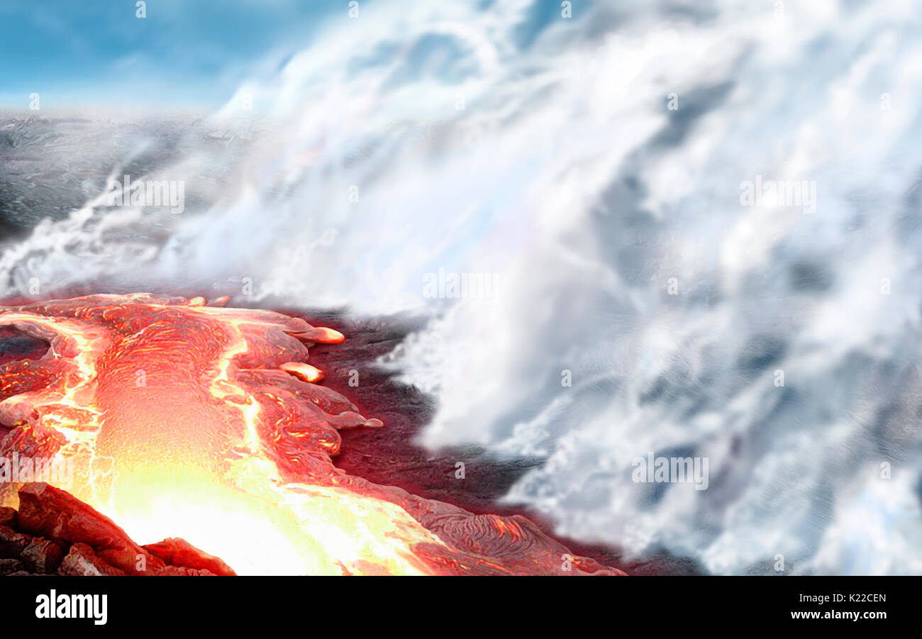 Les volcans presque partout au monde peut réveiller éclater violemment,même après avoir été utilisés pendant des milliers d'années. Bien que certaines éruptions volcaniques sont de courte durée, d'autres peuvent continuer pendant une longue période. Les volcans ne sont pas répartis au hasard autour de monde ; ils sont généralement situés dans des zones où la croûte terrestre cassée ou où le magma a réussi à percer. Ring feu,qui fait de l'océan Pacifique, compte pour environ 80 pour cent volcans au monde. Banque D'Images