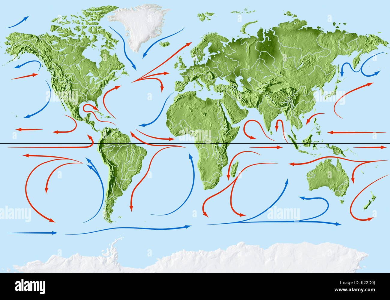Les courants qui déplacent, poussé par les vents dominants, à travers les couches supérieures des océans, peut être chaud ou froid. Banque D'Images