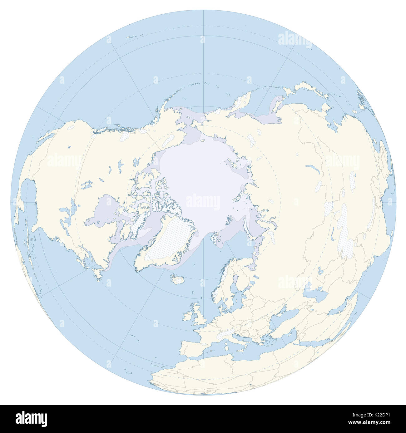 Vaste région située à l'intérieur du cercle arctique, y compris l'océan Arctique et la terre en bordure. Banque D'Images