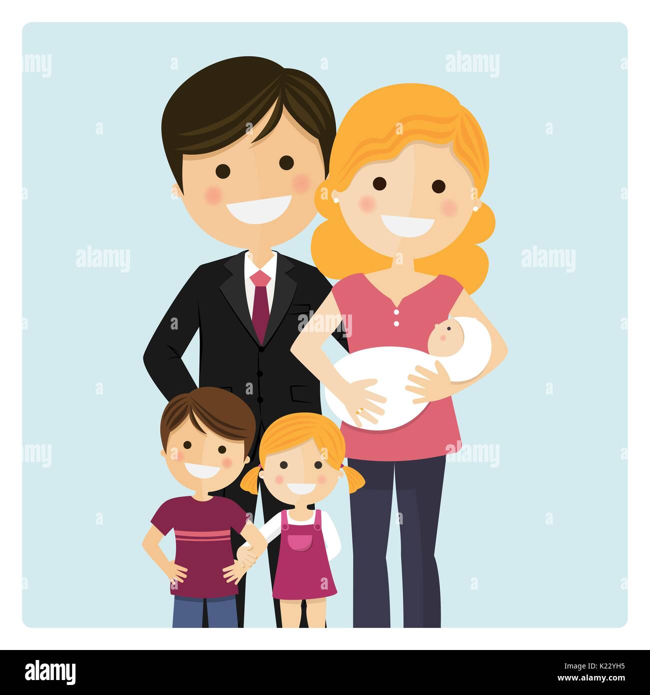 Famille avec deux enfants et un bébé nouveau-né sur fond bleu. Vector illustration Illustration de Vecteur