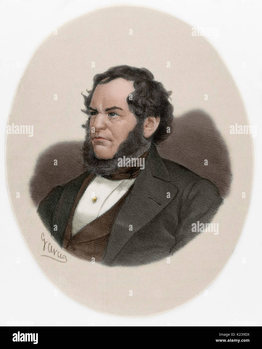 Edward George Geoffrey Smith-Stanley, 14e comte de Derby, (1799-1869). Homme d'État britannique et le Premier Ministre du Royaume-Uni. Leader du Parti conservateur. Portrait. Gravure par Garcia. De couleur. Banque D'Images