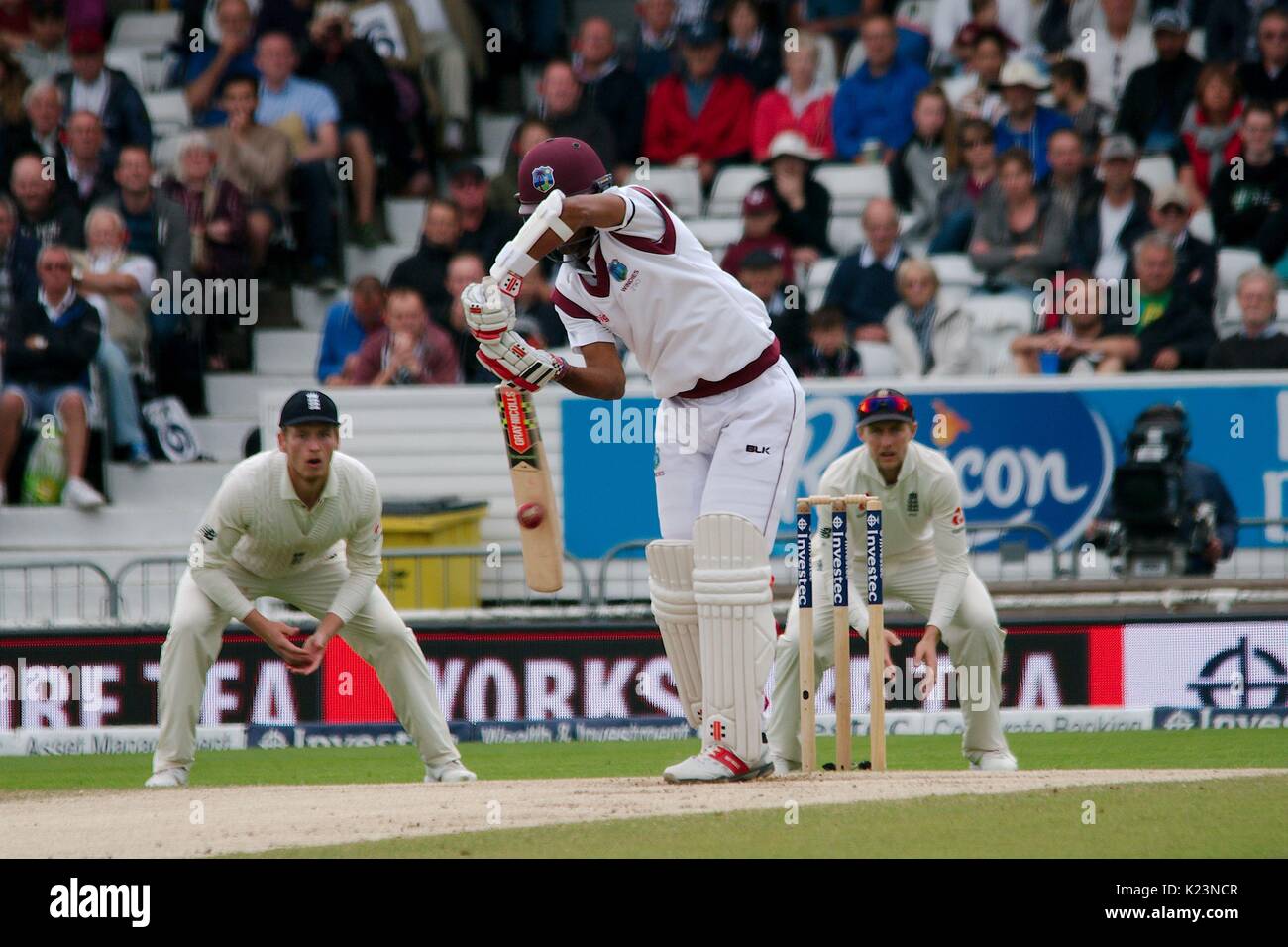 Leeds, UK. Août 29, 2017. Kraigg Brathwaite batting pour Antilles contre l'Angleterre, le dernier jour du deuxième test-match Investec à Headingley Cricket Ground. Crédit : Colin Edwards/Alamy Live News Banque D'Images