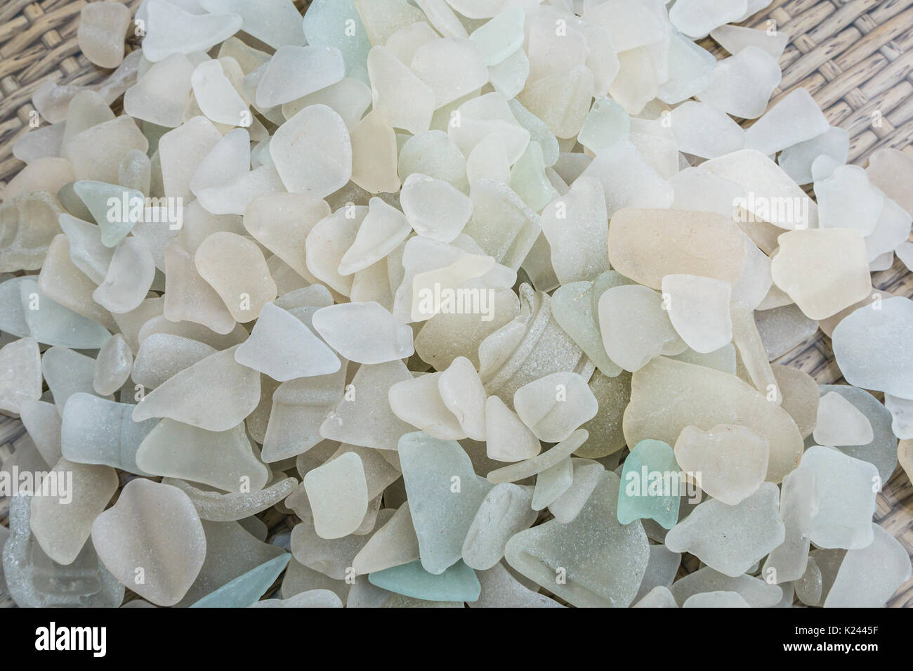Close up of sea porté blanc et opaque sea glass collection. Des morceaux de verre provenant de la mer plages écossaises, Ecosse, Royaume-Uni Banque D'Images