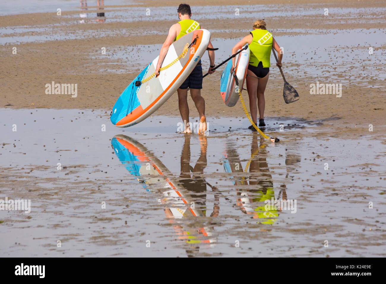 Bancs, Poole, Dorset, UK. Août 28, 2017. Météo France : belle chaude journée ensoleillée à bancs, comme les foules affluent à la station beach que les températures montent. En essayant de garder au frais dans la mer - paddleboarders marcher sur la mer avec des réflexions à marée basse dans le port de Poole. Credit : Carolyn Jenkins/Alamy Live News Banque D'Images