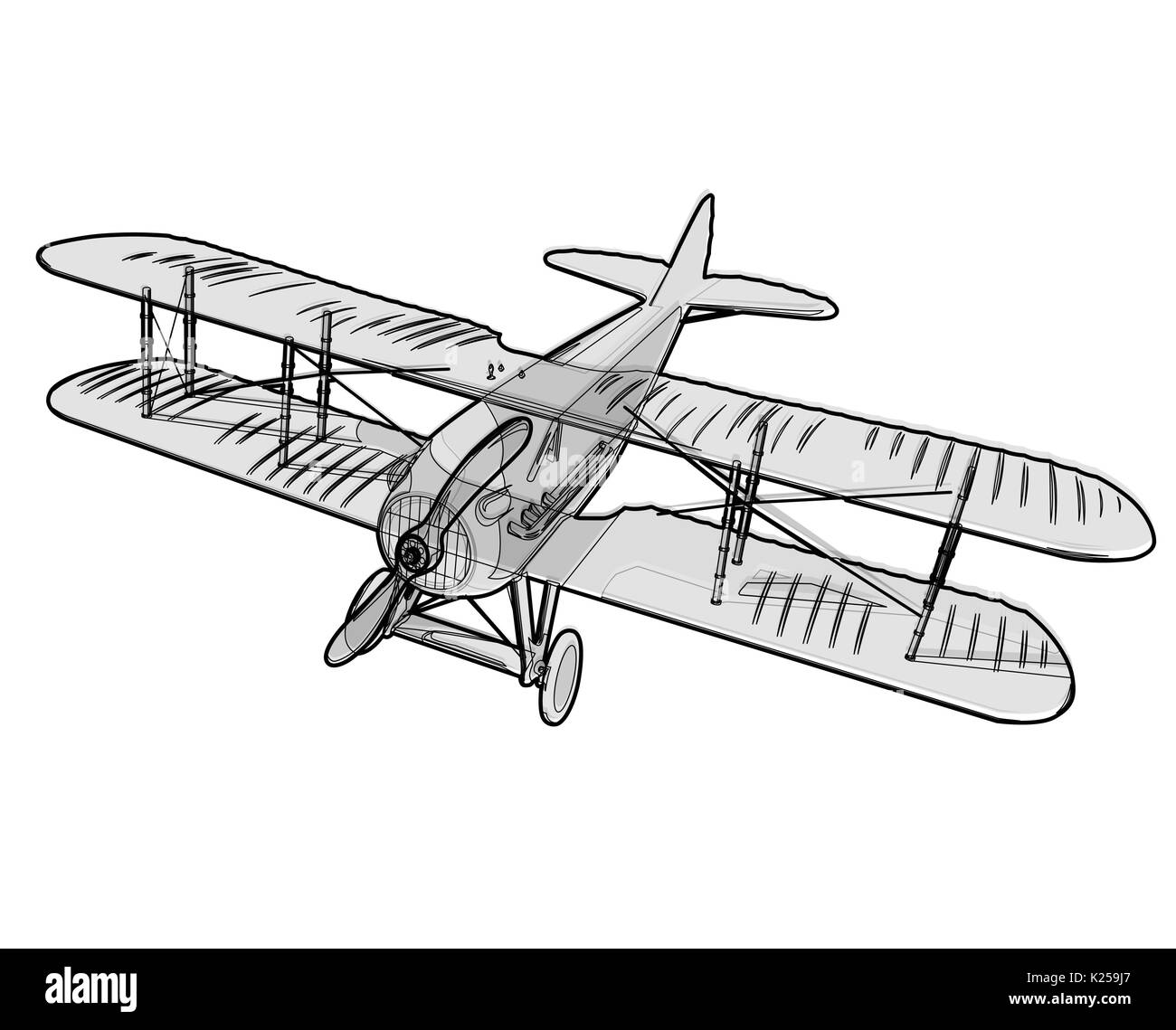 À partir de la Seconde Guerre mondiale, vecteur d'un biplan avec contour. Modèle fil interprétation avec deux ailes. Ancienne rétro vector aéronef conçu pour l'impression de poster. Illustration de Vecteur