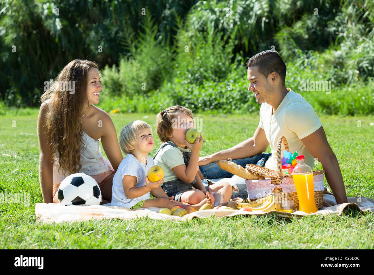 Happy smiling positive de la famille sur quatre en pique-nique au parc journée d'été Banque D'Images