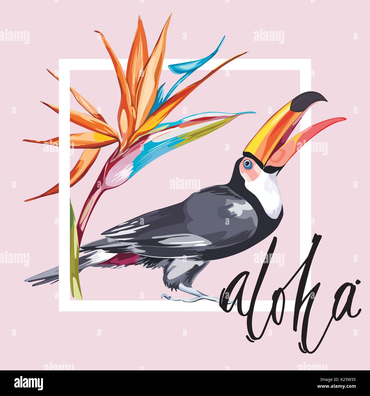 Mot- Aloha. Toucan avec des fleurs tropicales. Pour l'élément de conception des invitations, affiches, tissus et autres objets. Isolé sur blanc. Vector EPS 10 Illustration de Vecteur