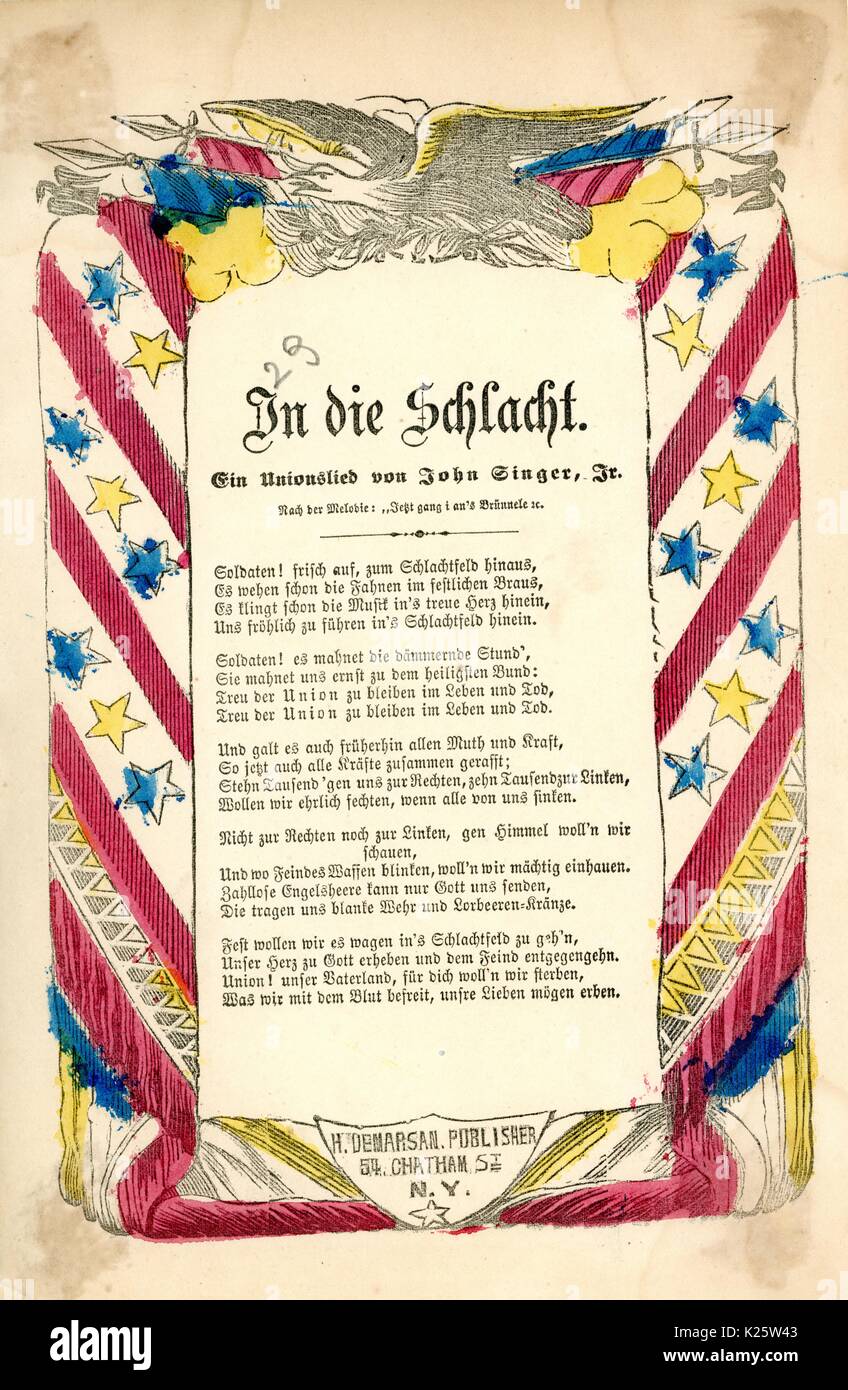 En travers de la guerre civile américaine, intitulée "dans Die Schlacht, ou 'à la bataille, ' une ballade à propos de la guerre civile, écrit en allemand, New York, New York, 1862. Banque D'Images
