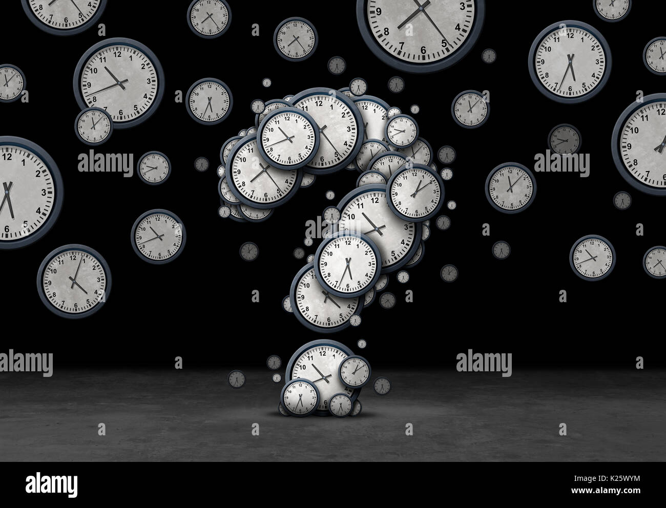Questions de temps concept comme un groupe d'horloges flottant en forme de garde-temps et comme un point d'interrogation comme métaphore de délai ou d'affaires. Banque D'Images
