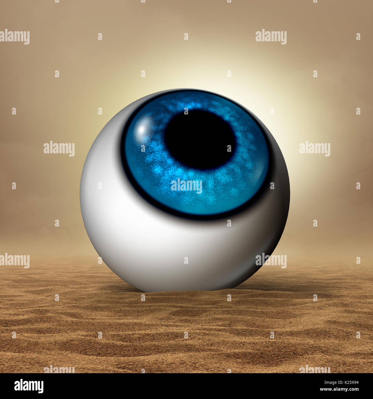 La maladie de l'oeil sec concept médical comme un globe oculaire dans un désert aride comme un symbole d'ophtalmologie ou en optométrie organe de vision les symptômes de sécheresse. Banque D'Images