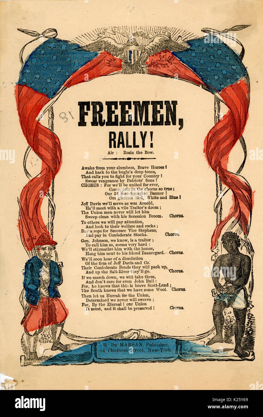 En travers de la guerre civile américaine intitulée "Hommes Libres, Rallye !', prétendant que l'Armée de l'Union sera victorieux et va tuer les responsables de l'armée confédérée, New York, New York, 1863. Banque D'Images