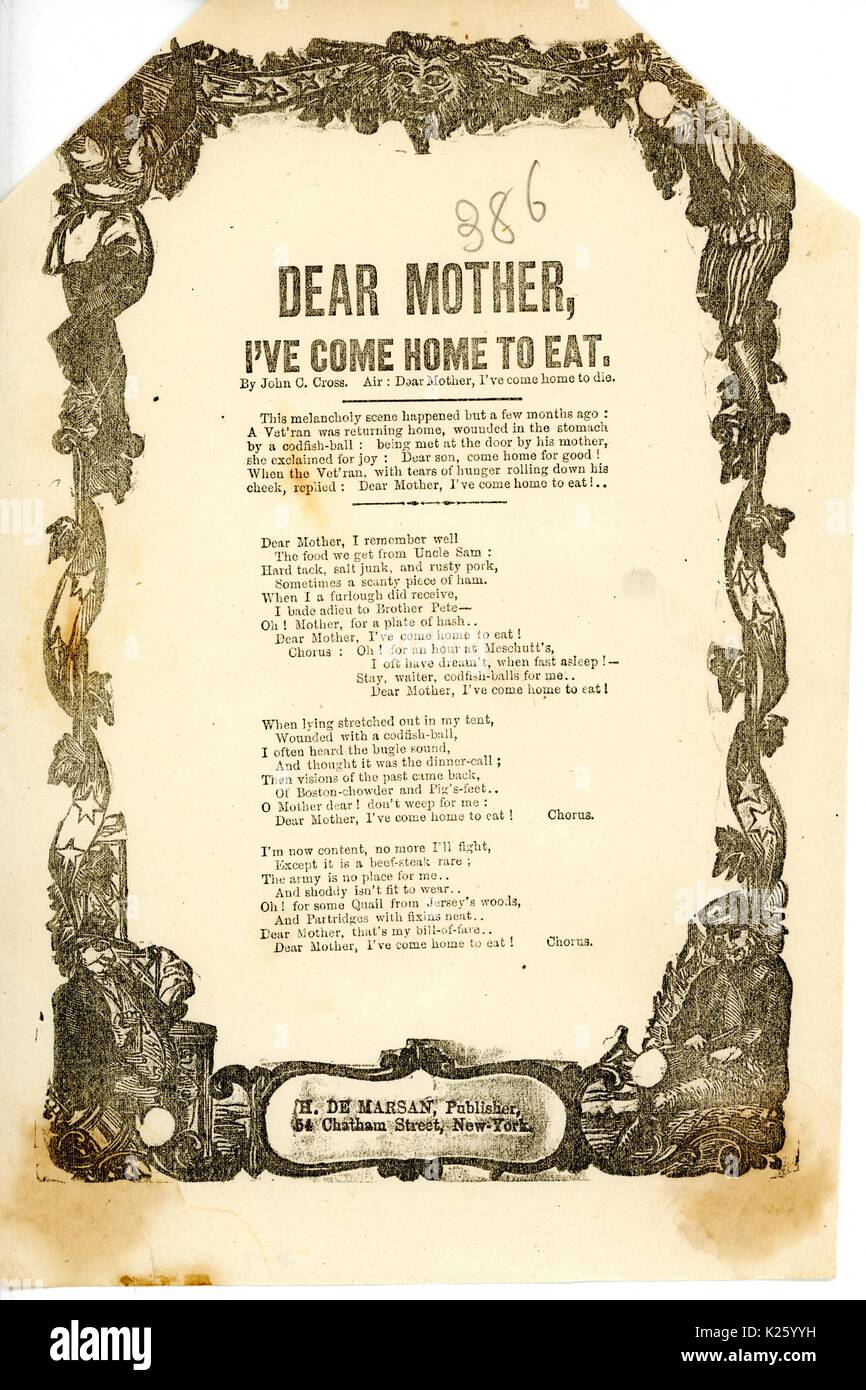 En travers de la guerre civile américaine intitulée 'Cher mère, j'en suis venu à la maison pour les manger", décrivant une faim, ancien combattant blessé à la maison et qui veut son aliments préférés, New York, New York, 1863. Banque D'Images