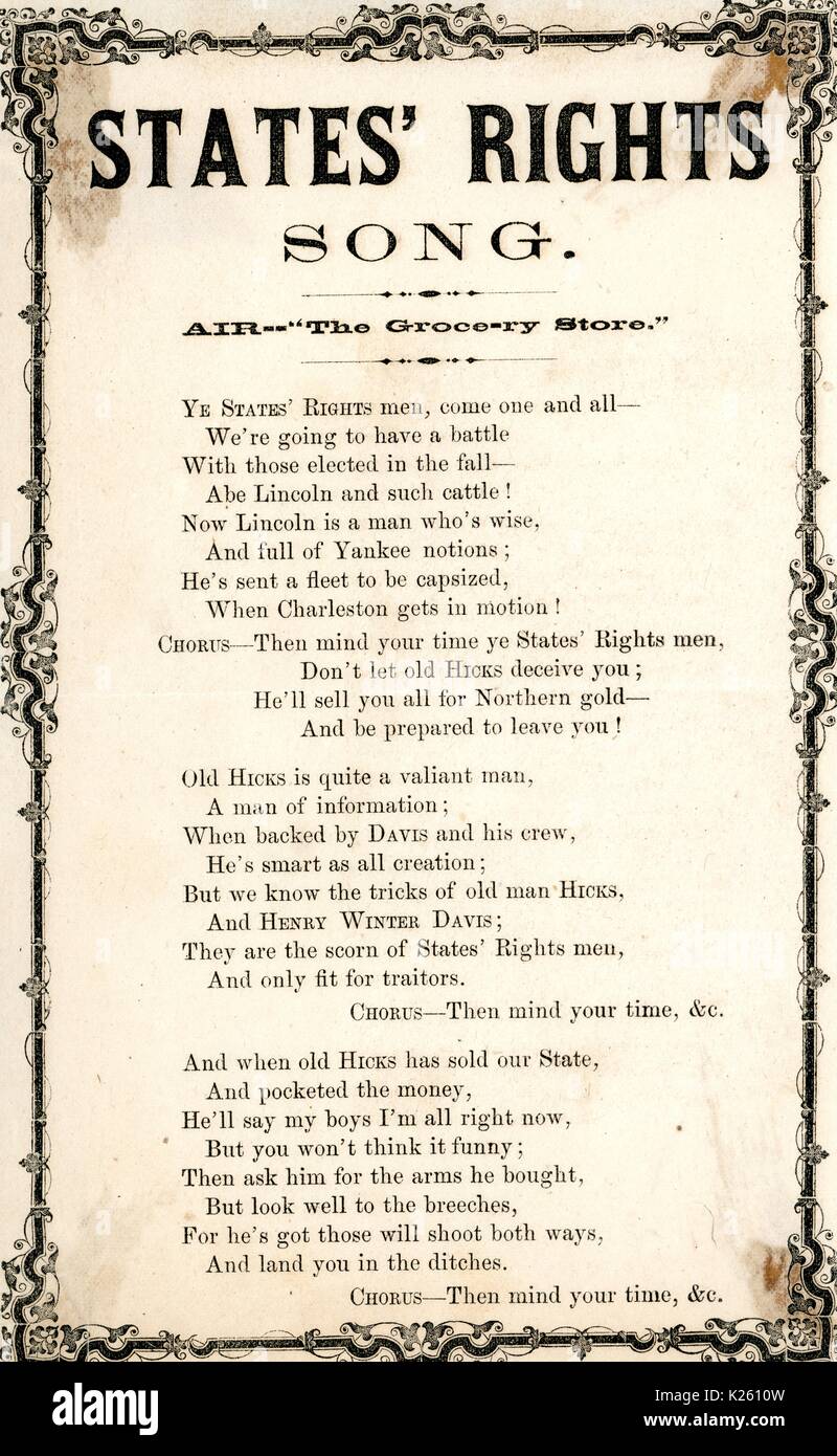 En travers de la guerre civile américaine, intitulée "États', chanson de l'homme ' célébrant les droits des membres tout en faisant part de mépris pour le Maryland le gouverneur Thomas H Hicks qui a empêché l'état de la l'Union européenne, 1861. Banque D'Images
