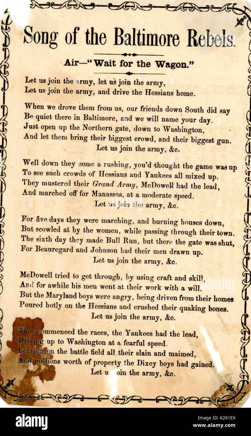 En travers de la guerre civile américaine, intitulée 'chant de la Baltimore rebelles, ' les jeunes hommes de ralliement pour rejoindre l'armée confédérée et Baltimore rebelles à l'encontre de l'Armée de l'Union et préserver Baltimore, 1861. Banque D'Images