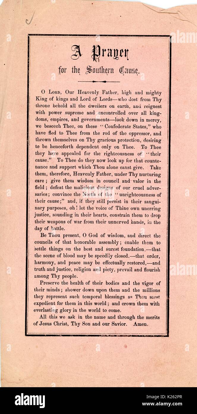 En travers de la guerre civile américaine, intitulée "Une prière pour la Cause du Sud, ' demandant à Dieu pour la protection, la santé, et de la vigueur pour le Sud et de soldats confédérés, 1861. Banque D'Images