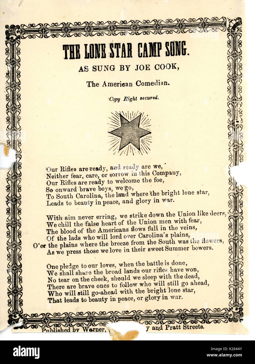 En travers de la guerre civile américaine, intitulée "La Chanson du Camp de l'étoile solitaire", une chanson de discuter des sympathisants Confédérés dans l'Union européenne déménagement en Caroline du Sud pour combattre pour la Confédération, Baltimore, Maryland, 1862. Banque D'Images