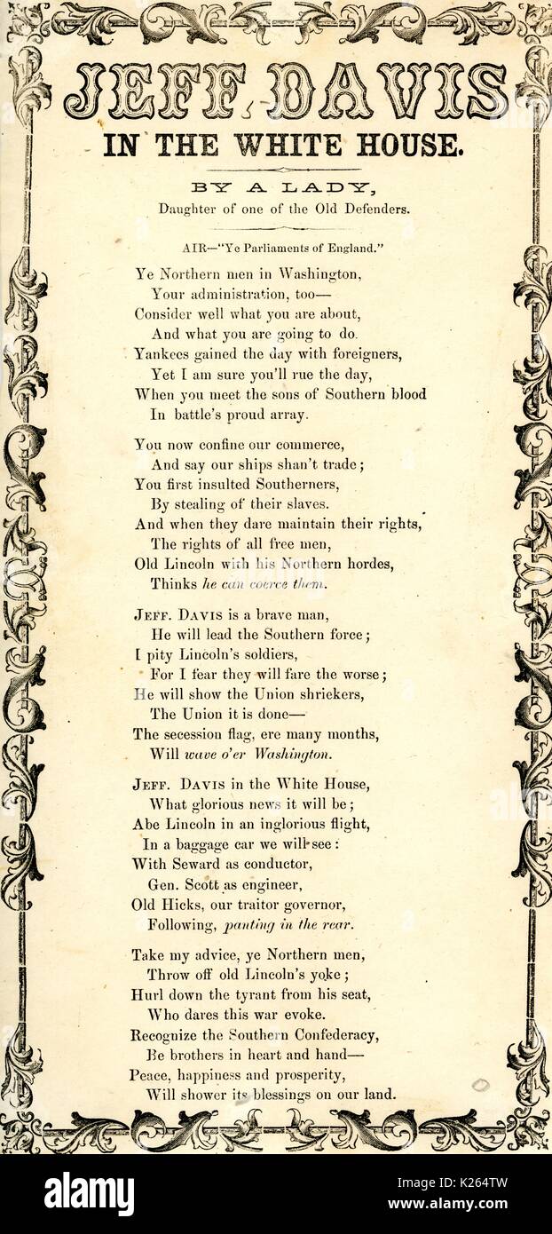 En travers de la guerre civile américaine, intitulée "Jeff Davis à la Maison Blanche", chantant des louanges pour le président de la Confédération Jefferson Davis et décrivant à la Maison Blanche, 1862. Banque D'Images