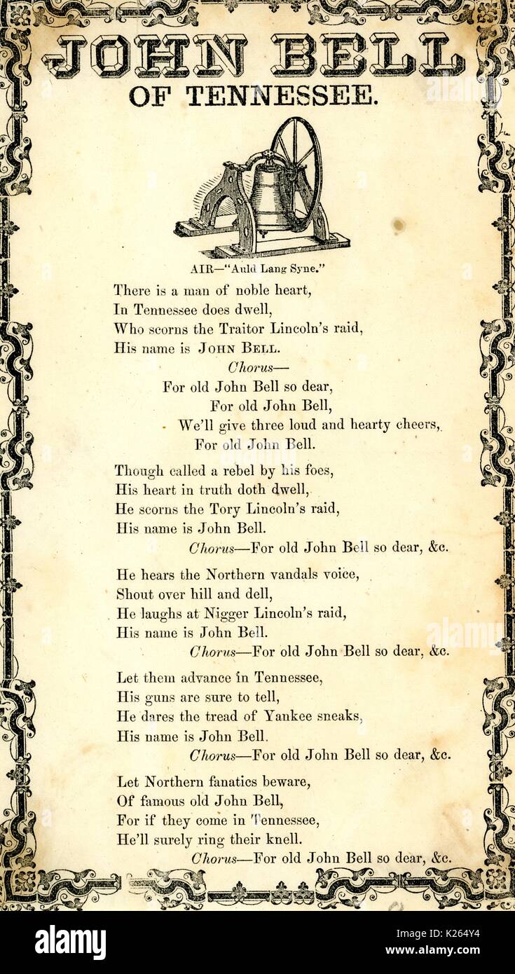 En travers de la guerre civile américaine, intitulée "John Bell, de Virginia', chanter des louanges pour New York et Confédération politicien partisan de John Bell, 1862. Banque D'Images